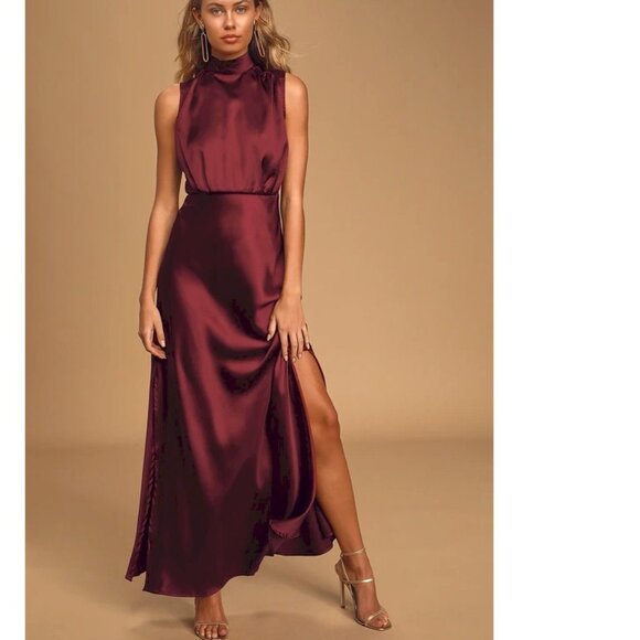 Lulus Classic Elegance Wine Satin Maxi Dress Wine Size Small NWOT - Picture 4 of 6